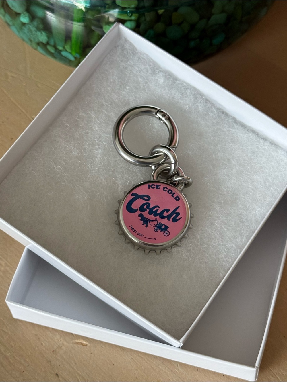 Coach Pink Bottle Cap Keychain with Silver Hardware